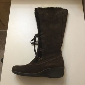 La Canadienne Brown Suede Shearling Wedge Heel Boots 6.5 M Roll Up Tall